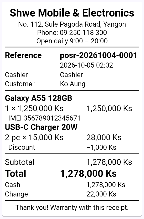 A SyncPOS receipt: the phone's IMEI, a discount, the total, cash and change